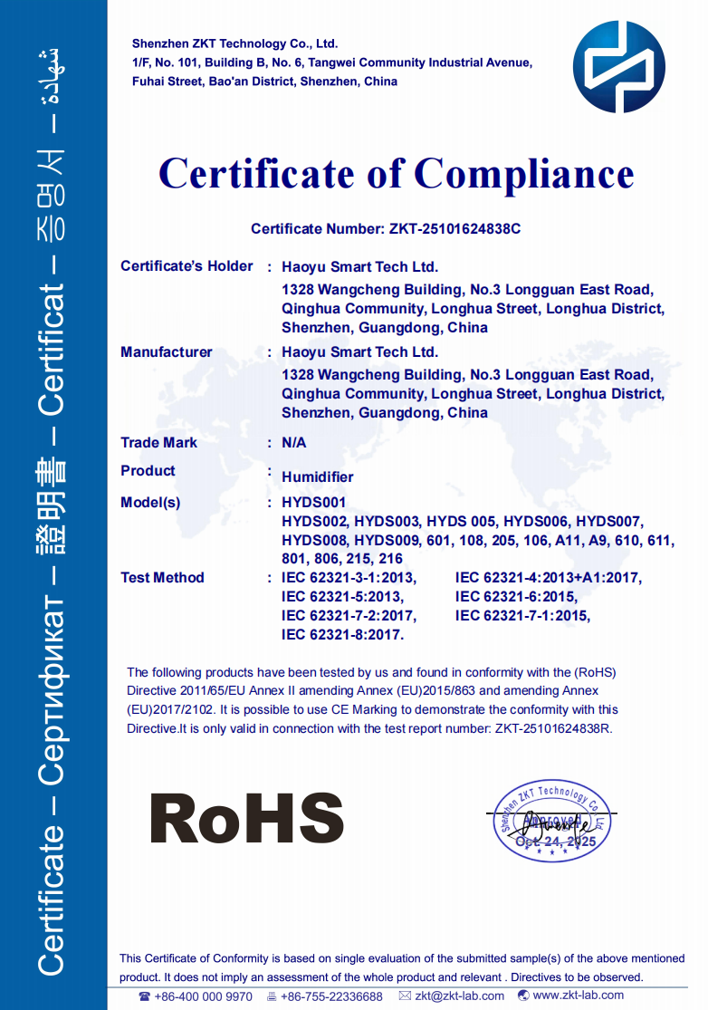 Haoyu Smart Tech Ltd. Certifications