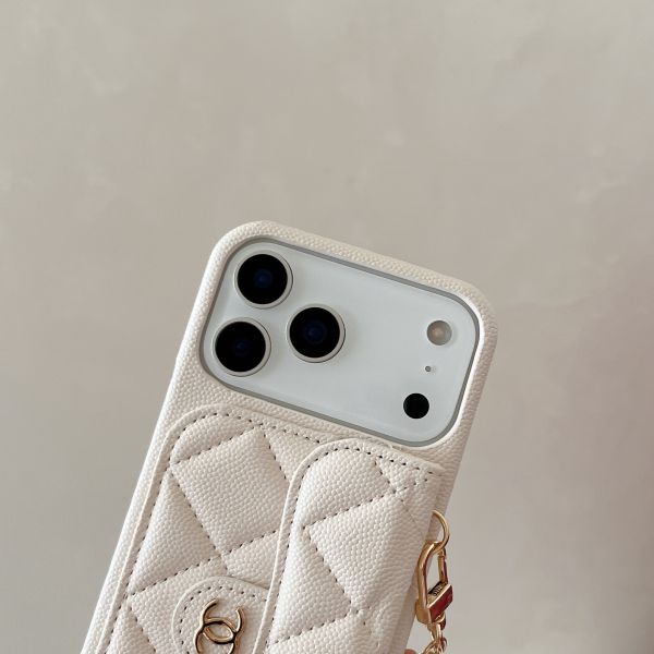 Lychee Pattern Card Holder iPhone 17 Pro Max Phone Case with Handheld Short Chain Leather 16 Pro Protective Cover