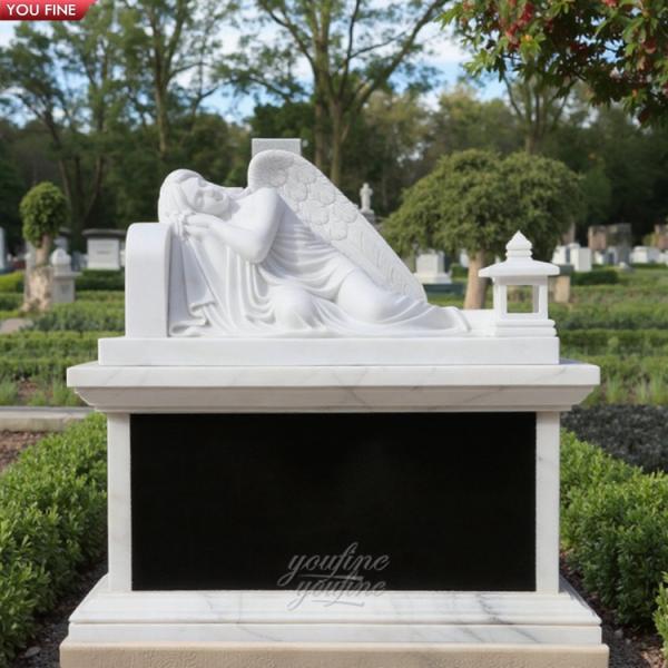 Outdoor Natural White Marble Sleeping Angel Statue Bench Headstone