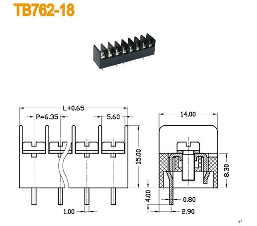10A High Voltage Barrier Terminal Block Connectors Pitch 6.35mm 18 AWG - 22 AWG