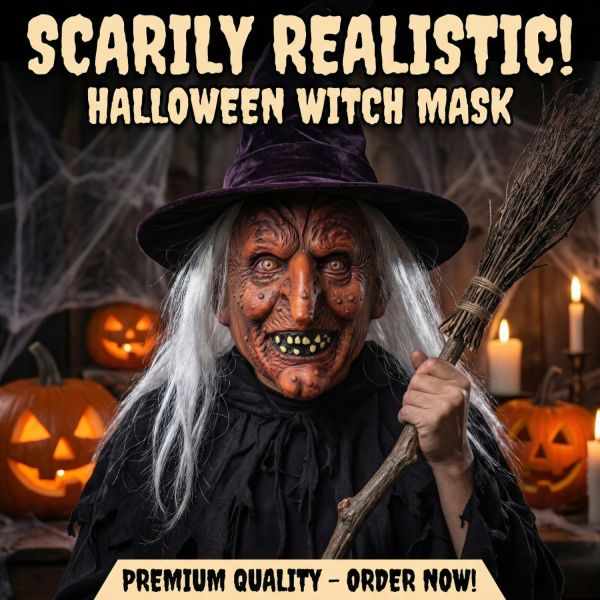 Terrifying Witch Mask - Long Grey Hair & Wrinkled Skin for Halloween Cosplay