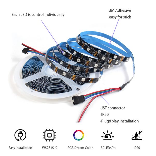 WS2815 Nightclub Lighting RGB 30 LEDs 30 Pixels IP20 Flexible LED Strip Lights