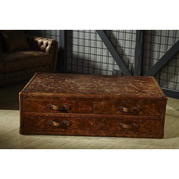 Antique Brown Vintage Leather Trunk Coffee Table 6 Drawers For Hotel / Home