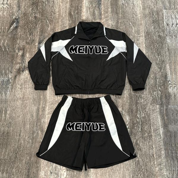 Custom Logo Windbreaker Nylon Sweatshirt Streetwear Vintage Zip up Hoodie and Flared Sweatpants Set Oversized Tracksuit for Men