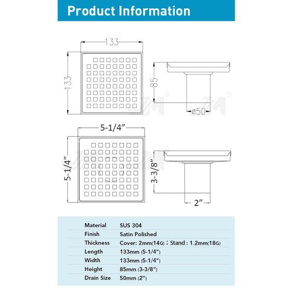 Square Shower Floor Drain Brushed 304 Stainless Steel Material
