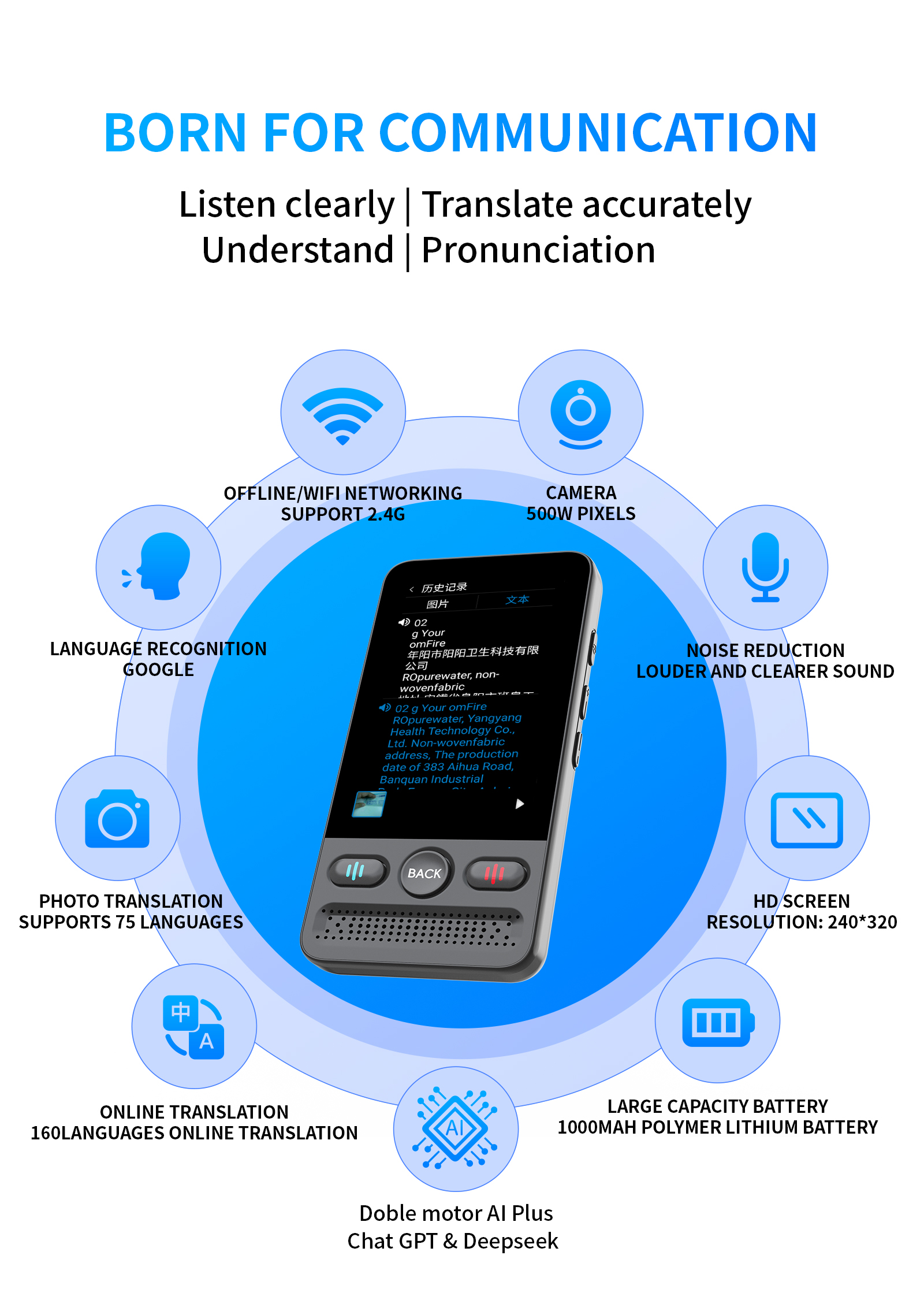 160 Languages DeepSeek AI Mini Translator Device Vietnamese Laotian Russian English Spanish