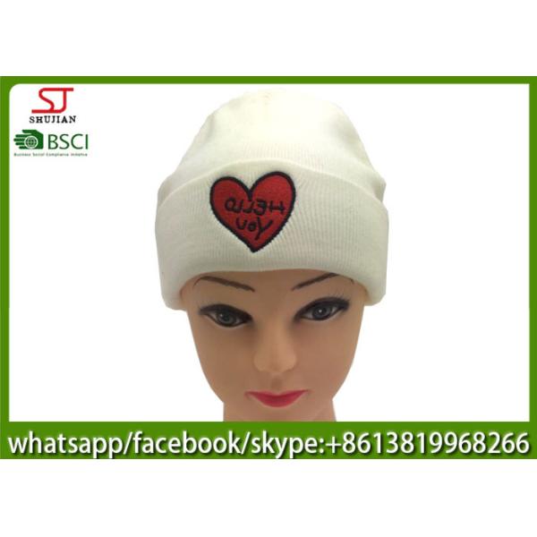 Chinese manufactuer red heart embroidered knitting stripe hat cap beanie 79g 20*22cm 100%Acrylic keep warm