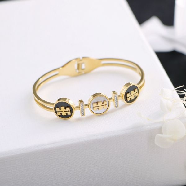 Black and White Mother-of-pearl Inlaid Circle Stitching TB Pattern Titanium Steel Bracelet