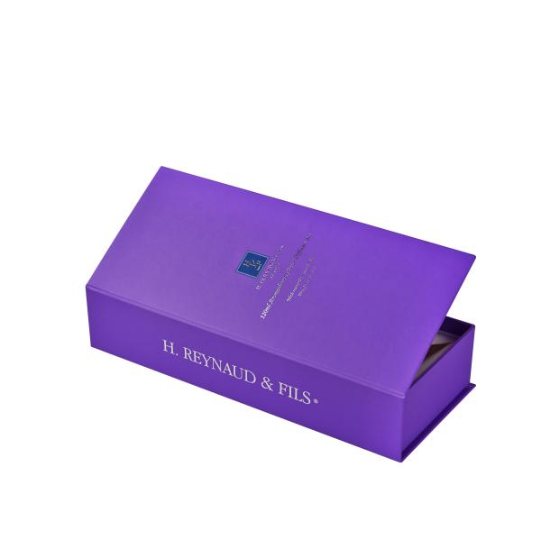 Luxury Purple Magnetic Aromatherapy Box With Silver Foil Logo Ribbon Bow For Essential Oil
