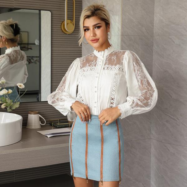 Шея Sleeved фонариком высокая Flared верхние части шнурка Waisted блузки шикарные черные высокие с воротником стойки для женщин