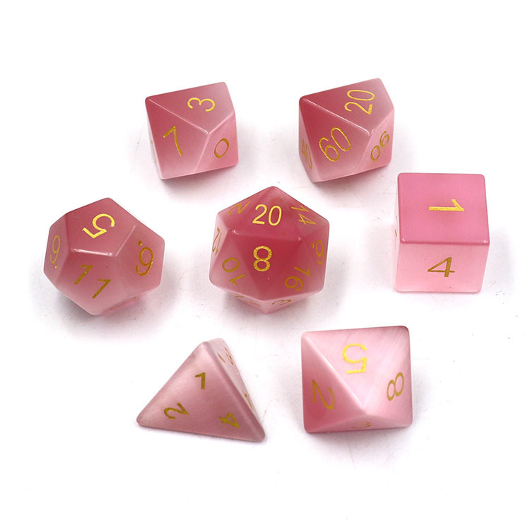 Natural Cat's Eye Stone Polyhedral Dice Set Hand Carved with Golden Paint Engraved Numbers for DND and RPG Games