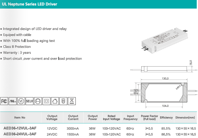 Letaron 120V Input 36W Constant Voltage LED Driver for Bathroom & Cabinet Lights