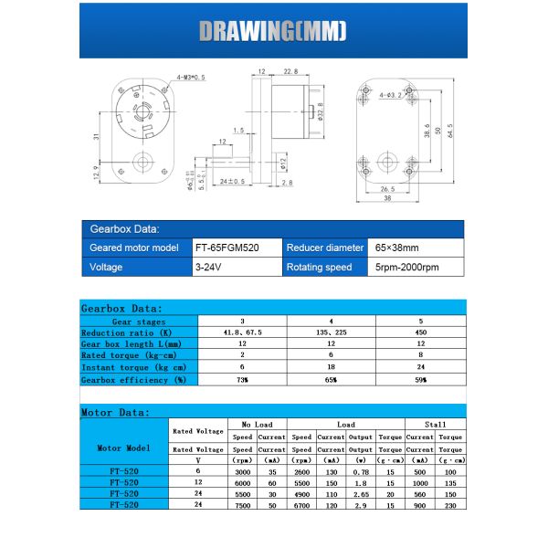 Custom 3-12V Low Rpm DC Gear Motor High Torque With Flat Gearbox