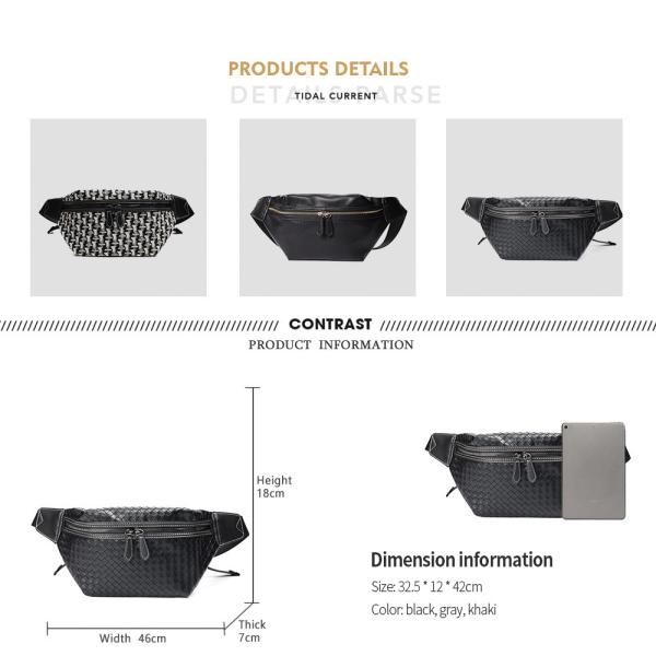 Thread Pattern Men's Travel Waist Bag Large Capacity PU Leather Crossbody Bag for Men