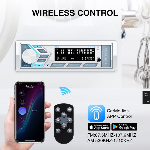 Single DIN Bluetooth Marine Stereo AM FM CD MP3 Récepteur stéréo Couverture blanche imperméable à l'eau Nommé hors route haut-parleurs blancs