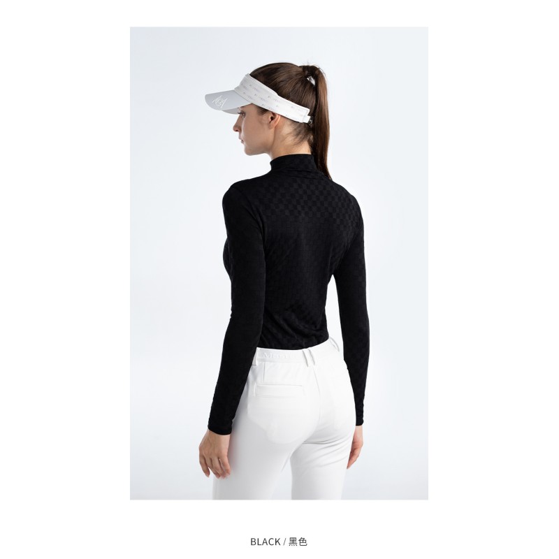 Women’s Golf Long Sleeve Base Layer Top, Jacquard Grid Slim Fit Thermal Shirt