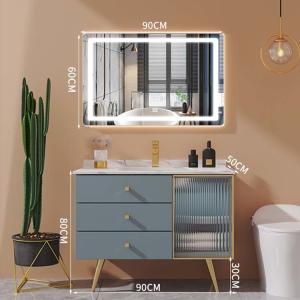 Lake Blue Plywood Cabinet Ceramic Basin Bathroom Vanities With LED Mirror