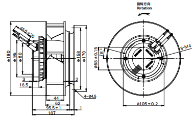 Peso 1,4 kg lâmina 190mm EC Ventilador centrífugo Ventilador de refrigeração do rotor externo