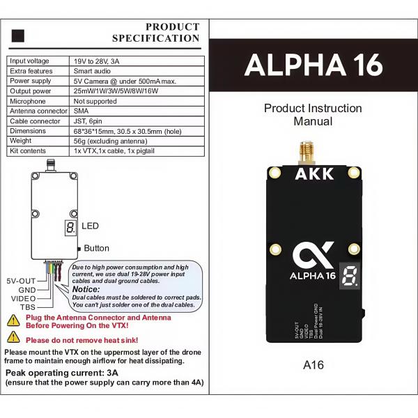 Transmisor de video para dron AKK ALPHA 16W Banda Ultra Ancha 96CH FPV VTX UAV 6GHz