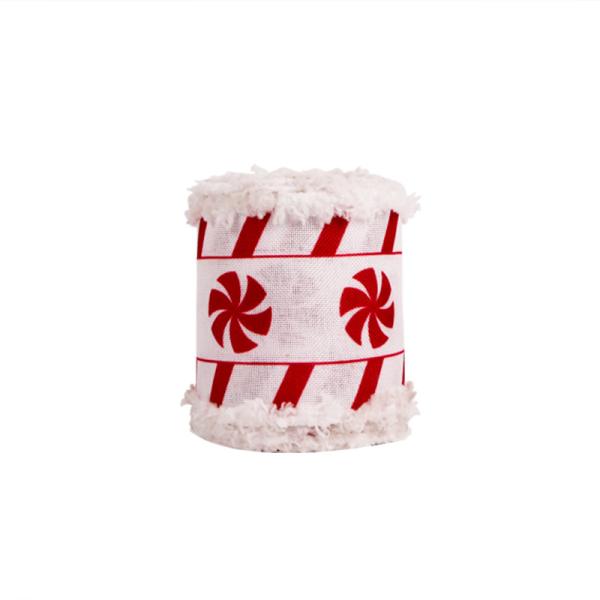 63MM MSD Christmas Wired Burlap Ribbon with Snow and Candy Print Create Festive Decor