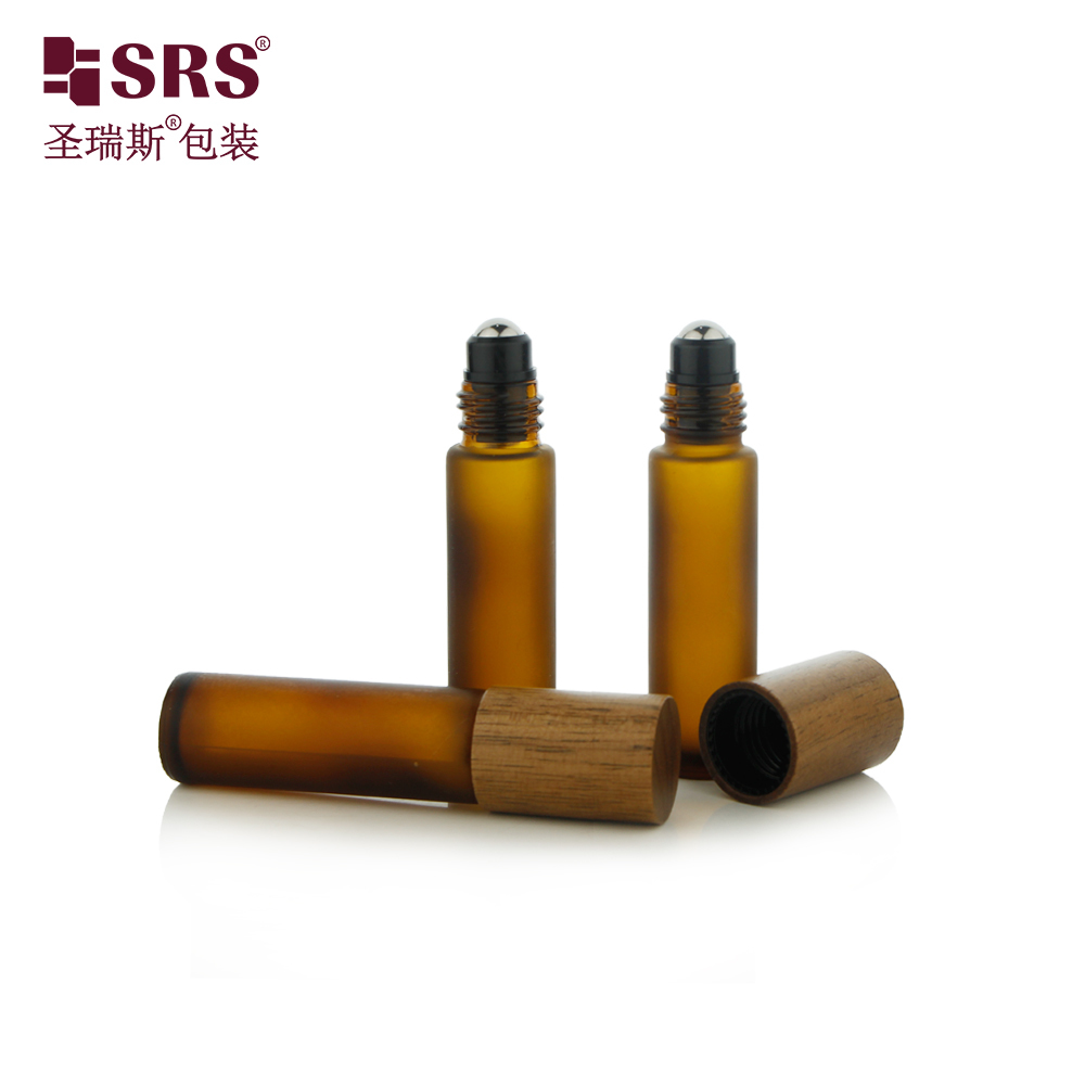 BLPM-10ML Amber Frosted Glass Roller Steel Ball Essential Oil Bottle With Wooden Cap
