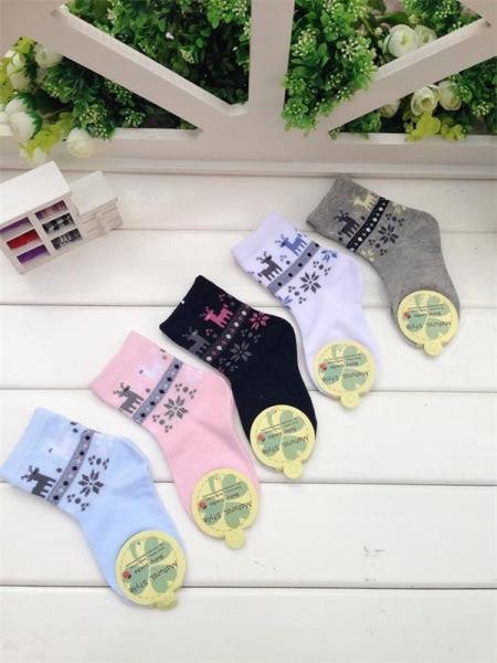 2015 Hot selling christmas deer design knitted AZO-free terry cozy cotton socks for baby