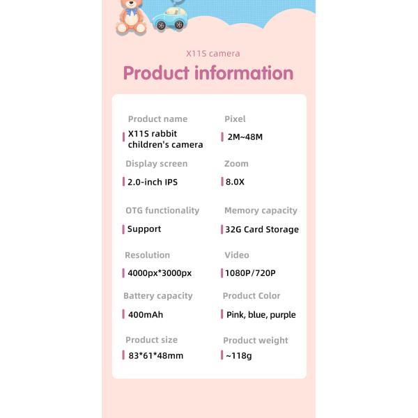 Appareil photo numérique pour enfants X11S Mini à double objectif 1080P, motif lapin de dessin animé, pour enfants