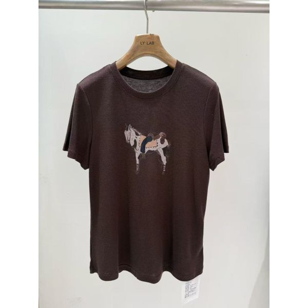 Spring and summer daily 82.3% Tencel 14.5% Wool 3.2% Spandex Black Coffee Cartoon Printed Tencel Wool T-shirt