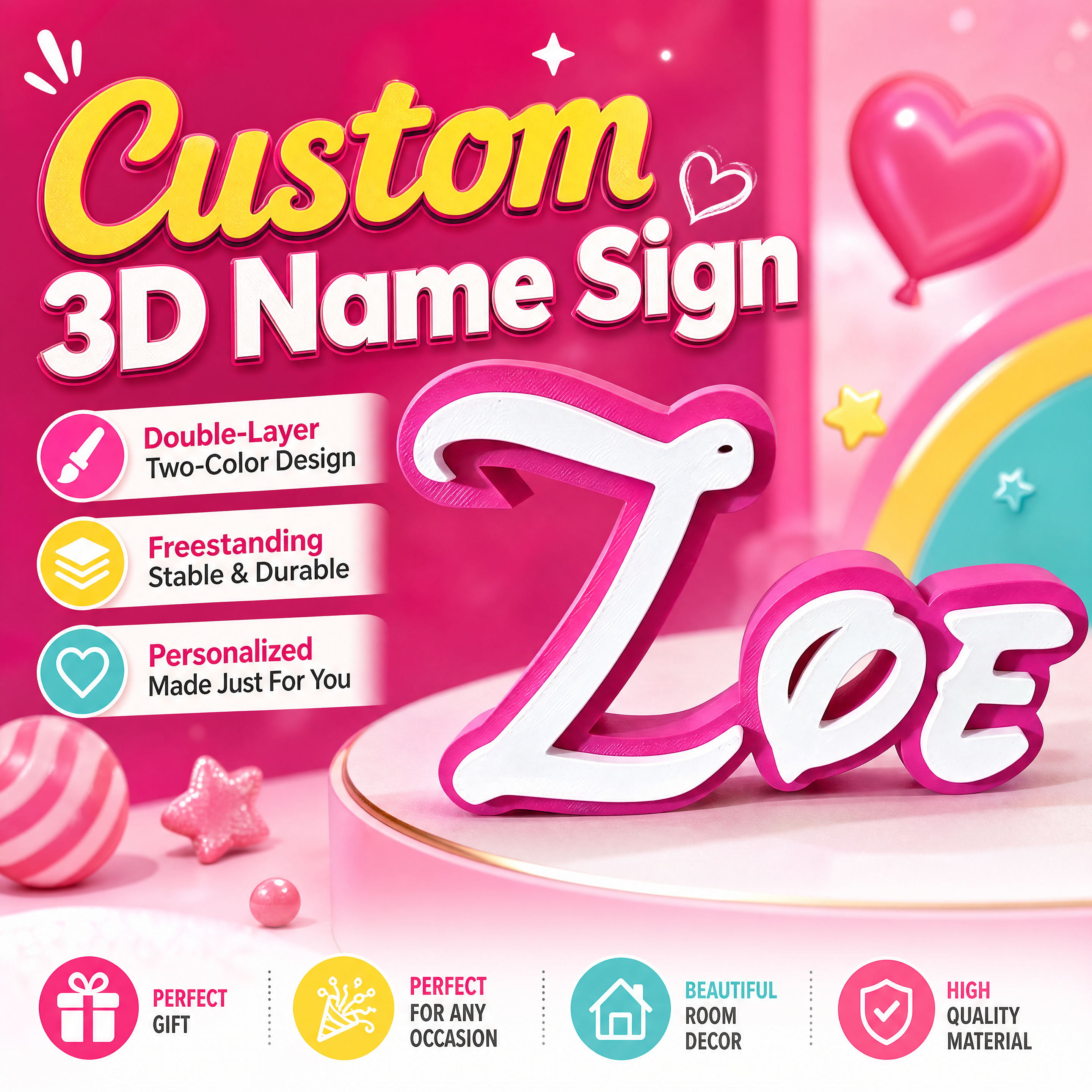Name Sign Custom 3d Print Order Pink Two Tone Desktop Letter Ornament