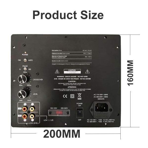100W Output Power Subwoofer Plate Amplifier with 25-200 Hz Frequency Response and Built-in Phase 0°/180° Switchable