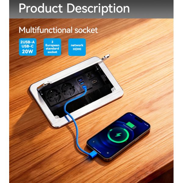 Desktop Embedded Conference Electrical Socket Brushed Alloy RJ45 LAN HDMI Interface