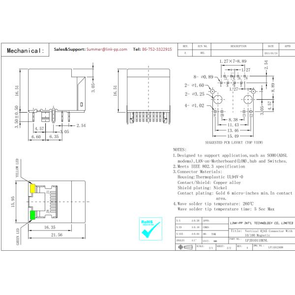 HFJV1-2450-L21RL Vertical RJ45 Jack 180° LPJD0011BENL Ethernet Network Analyzer