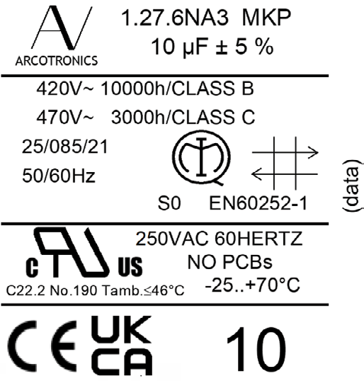 Faston Terminal Motor Run Capacitor KEMET C277LCF5300LG2J with IMQ and UL810 Construction Approval