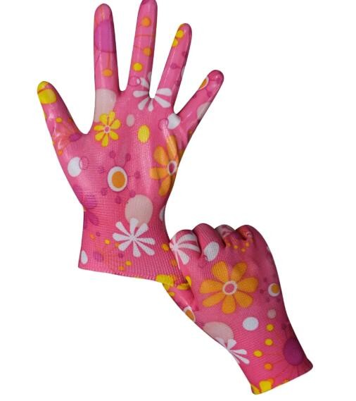 13G Flower Floral Printed PU Dipped Gloves For Woman Workers Garden Working