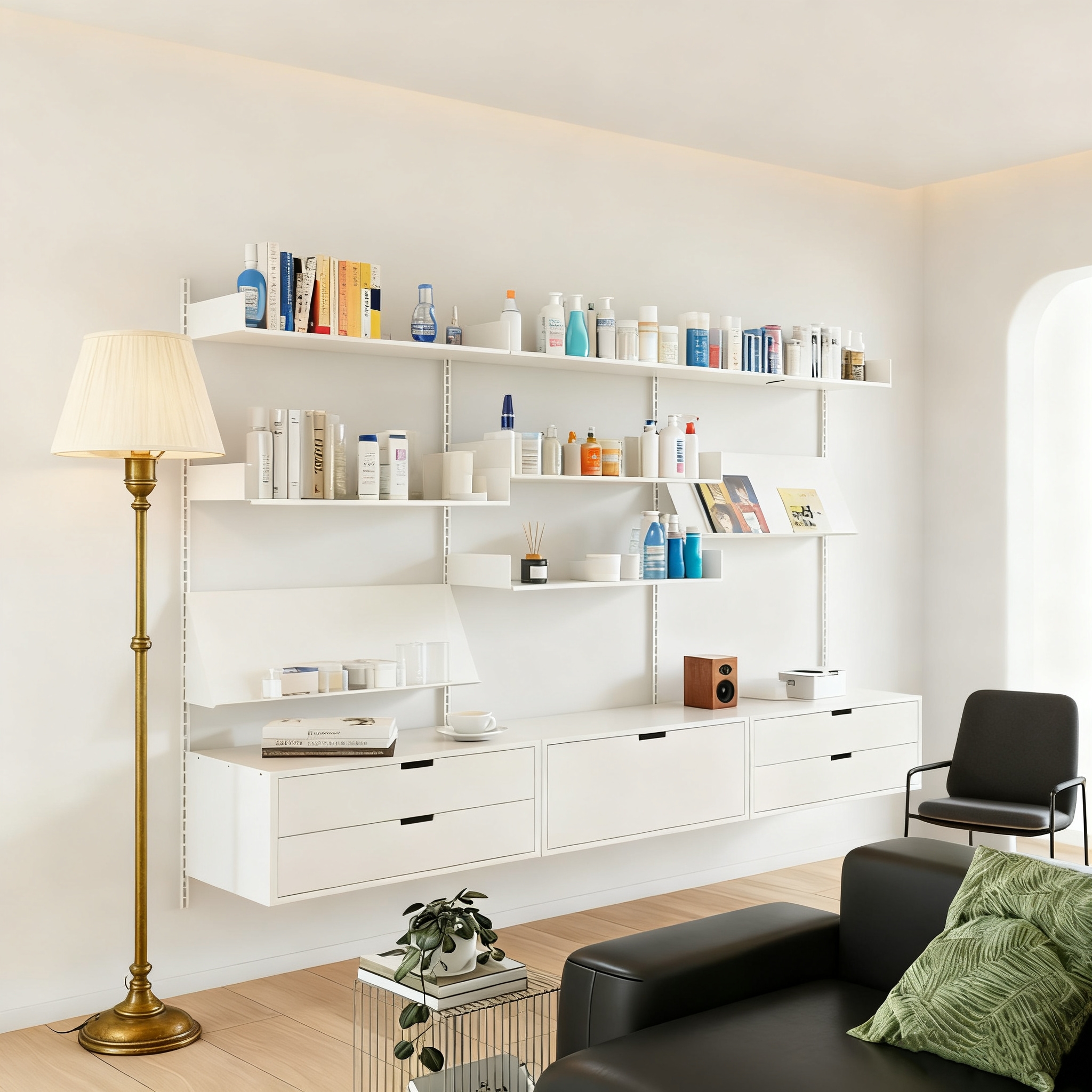 White Steel Floating Wall Modular Shelf System Adjustable Track Post Living Room Food Clothing Storage 5-Layer Modern Design