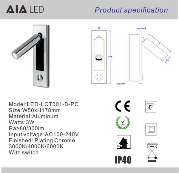 Contemporary embedded mounted Gold Brushed led wall lamps 3W led wall light led reading bedside wall light