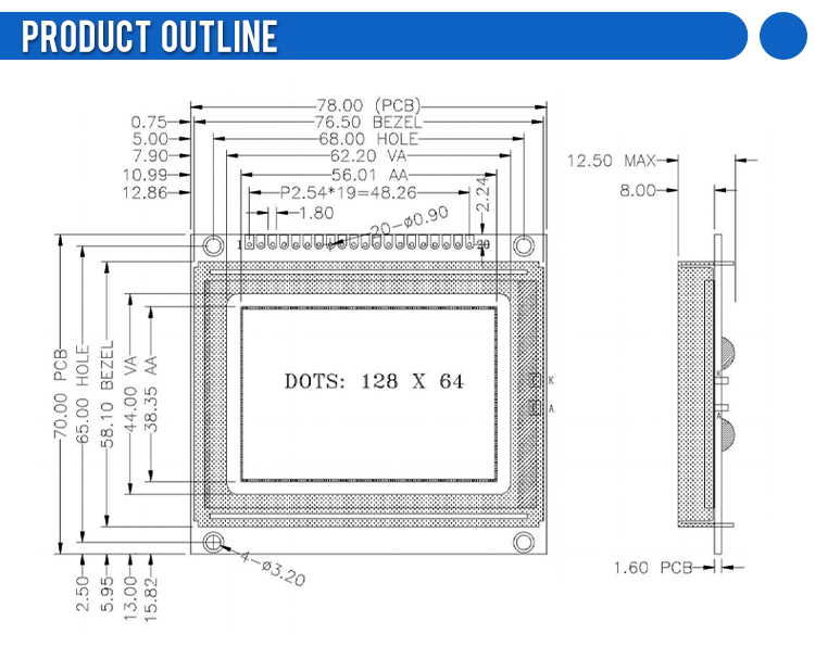 Grey Film LCM12864M-1 WiStar 20P LCD Display Screen STN 6800 Parallel 93X70MM Controller ST7920