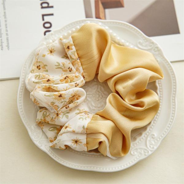 Summer patchwork acrylic beads color floral satin beaded hair scrunchies hair accessories Ins horsetail rubber band