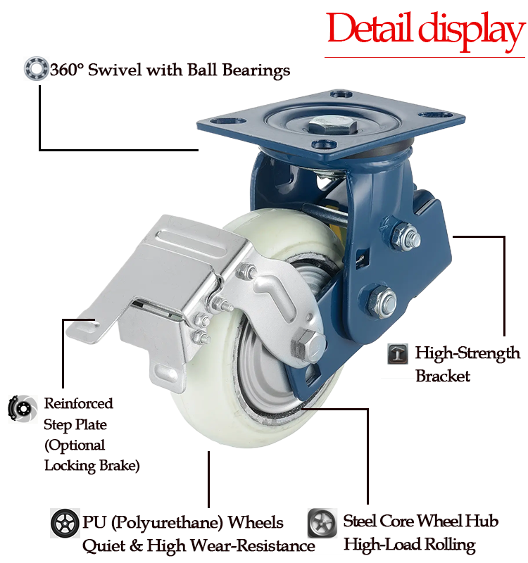 Heavy Duty Single Caster Dual Spring Loaded Pu Caster Wheels 4" Single Ball