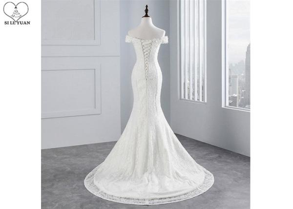 White Off Shoulder Mermaid Wedding Gown Sweetheart Lace Beading Bandage Back