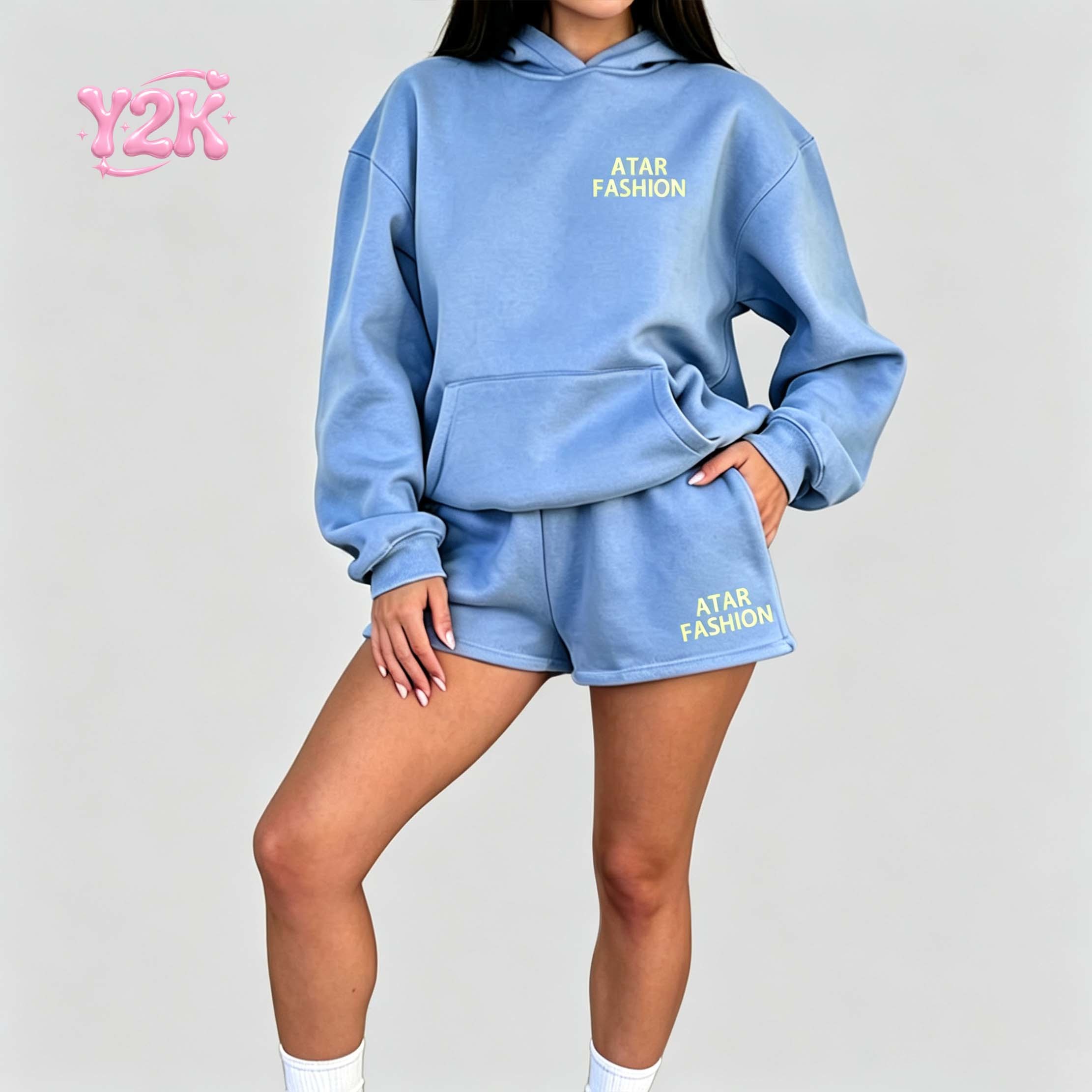 Custom Light Blue Hoodie & Shorts Oversized Loungewear Set