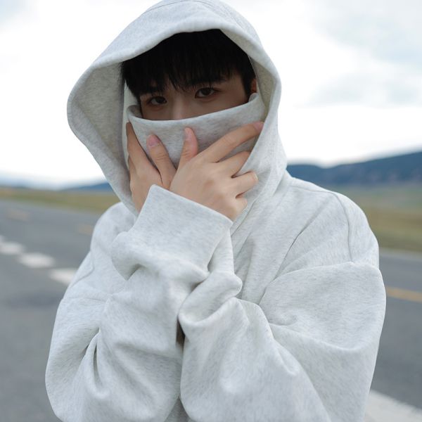 Vintage Turtleneck Windproof Face Cover Hoodie, Unique Introvert Street Casual Sweatshirt
