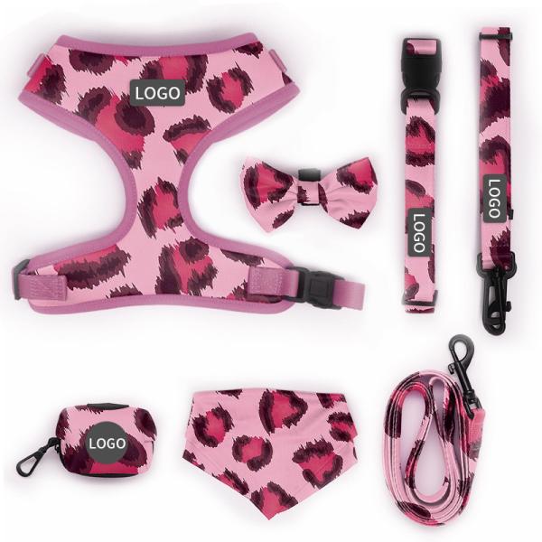 Polyester Leopard Print Pet Harness Sets Logo Adjustable Collar Leash Mesh Dog Harness