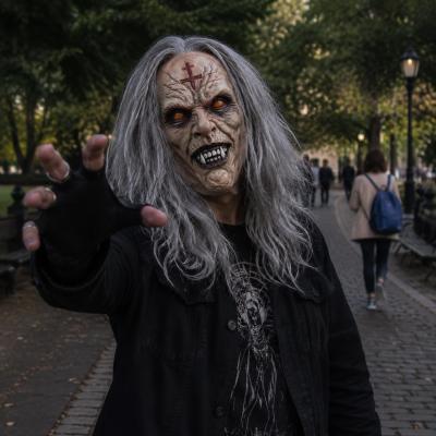 Scary Demonic Elder Zombie Latex Full Head Mask with Gray Hair Wrinkled Rotting Skin Red Glowing Eyes Sharp Horror Teeth Realistic Horror Costume Prop for Halloween Cosplay Party Haunted House