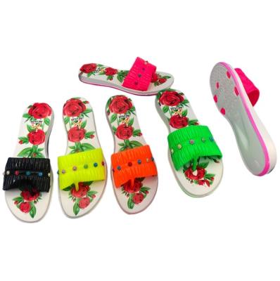 EVA Women Flip Flops with Pleated Strap, Colorful Rhinestones and Rose Print
