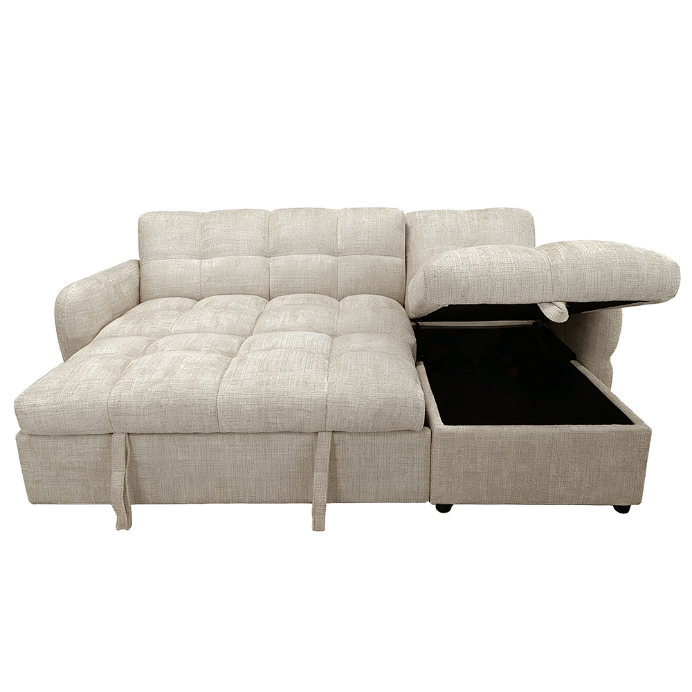 L-Shaped Sectional Sleeper Sofa with Pull-Out Bed and Adjustable Backrest and Storage Chaise, Sand Fabric