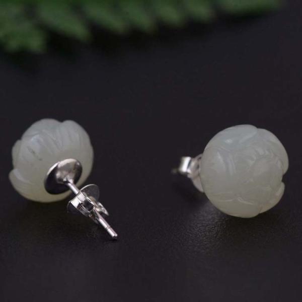 Sterling Silver 925 Natural Jade Engraved Flowers Stud Earring (TRS30897)