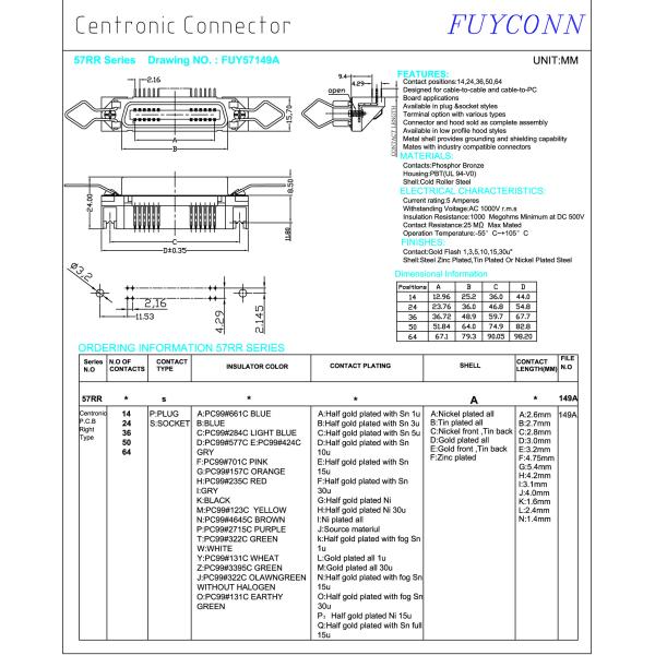 Разъем-розетка PCB 36 Pin Centronic прямоугольная с защелкой весны