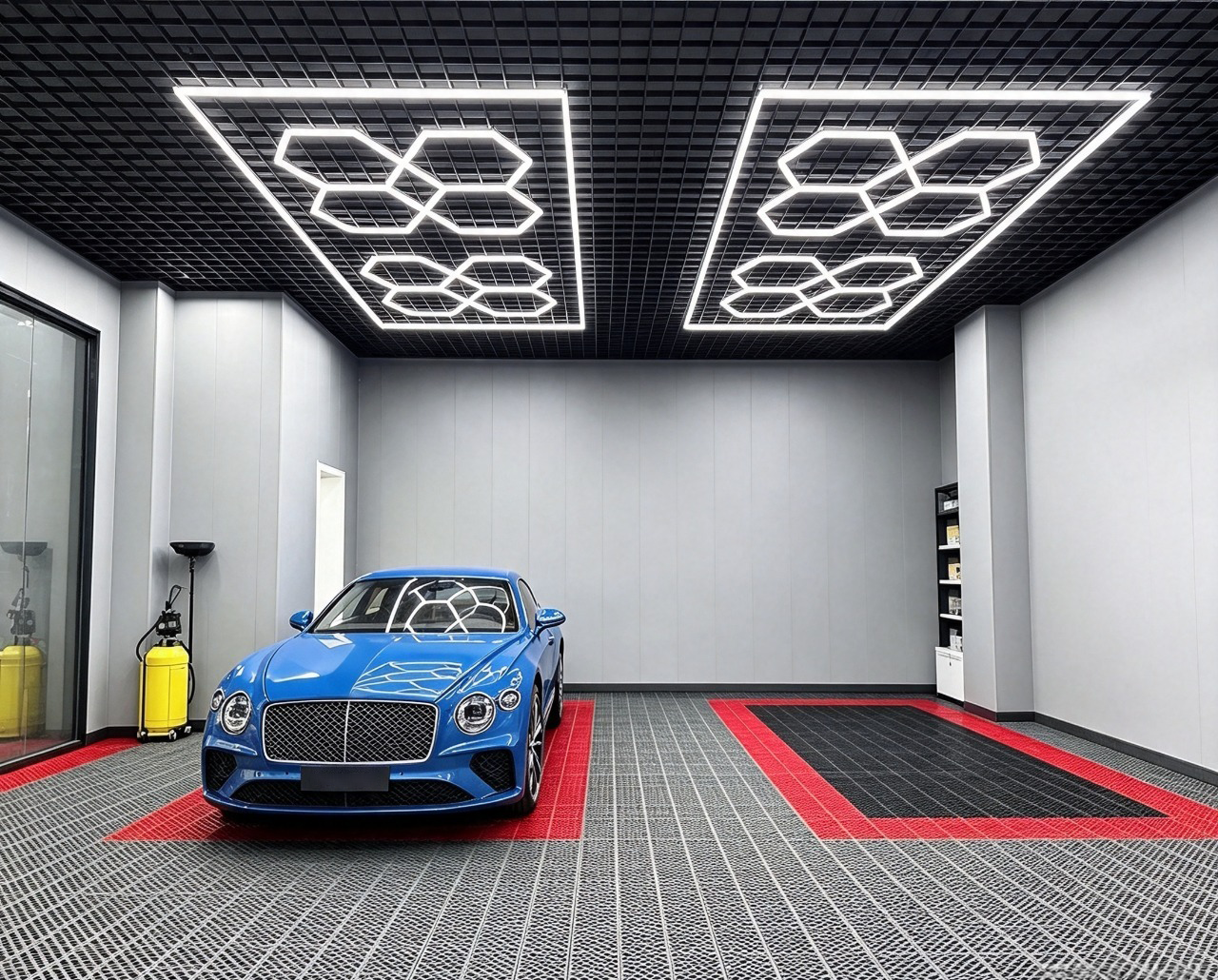 512W LED Hexagon Light Modular Ceiling Lighting System for Garage Gym Workshop Office Connectable Honeycomb LED Hex Light Panels