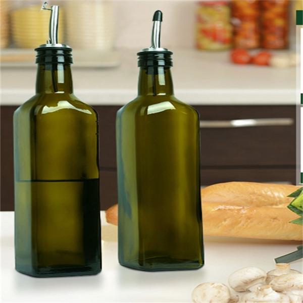 Glass Dark Green Kitchen Oil Bottle With Stainless Steel Spout Funnel Square 500ml 2pcs